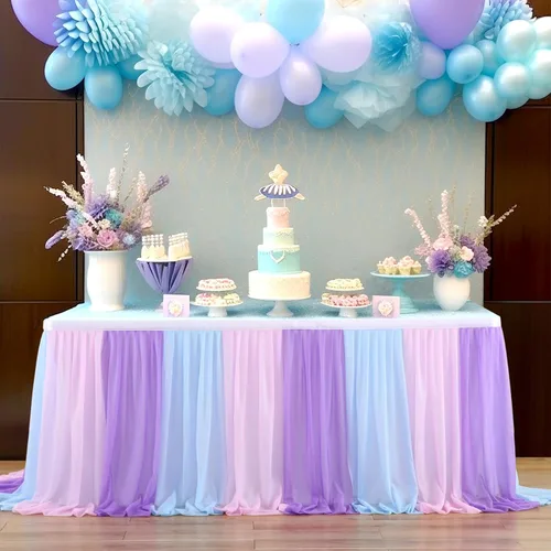 Falda de mesa de tul de sirena azul rosa púrpura con rayas para mesas rectangulares Frozen Baby Shower Fiestas de cumpleaños de sirena Decoración 6
