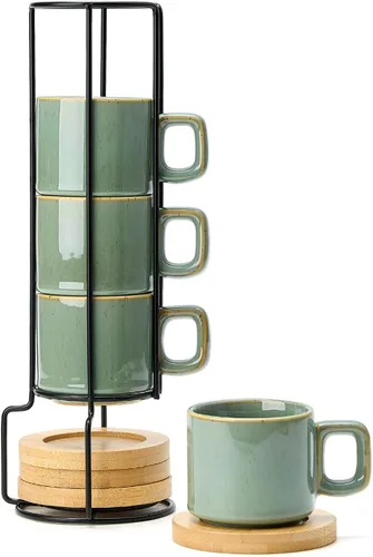 Miniatura 11 de LUKA Tazas de Porcelana Apilables a Cuadros Blancos y Negros para Espresso con Platillos y Soporte de Metal, Juego de Tazas Pequeñas de Cerámica
