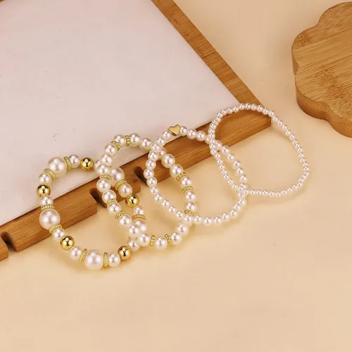 Miniatura 5 de Pulseras de perlas para mujer, pulsera de perlas de imitación con cuentas de perlas blancas, juego de pulseras elásticas apilables, pulseras