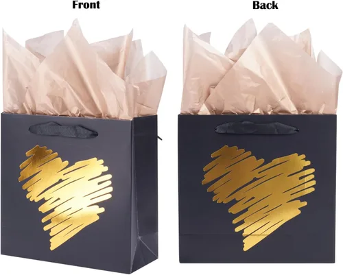 Miniatura 3 de ysmile Pequeña bolsa de regalo negra con papel de seda para hombres, fiesta de cumpleaños, aniversario, día del padre, 7.8 pulgadas, corazón dorado