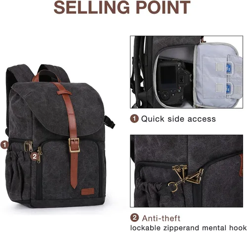 Miniatura 4 de BAGSMART Mochila para cámara DSLR SLR, bolsa impermeable para cámara, mochila antirrobo para fotografía con compartimento para laptop de 15 B-negro