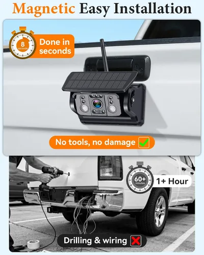 Miniatura 2 de Cámara de respaldo inalámbrica solar para camión: cámara magnética sin cableado para camionetas - Pantalla dividida HD de 1080P de 5 pulgadas, fácil