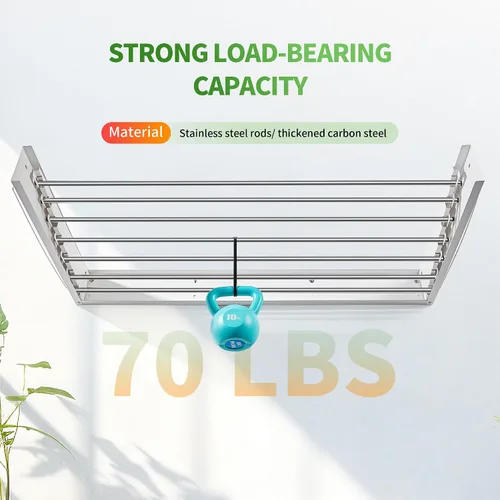 Miniatura 6 de Heshecein - Estante de secado de pared plegable para lavandería, 7 varillas de acero inoxidable, estante de secado plegable para interiores