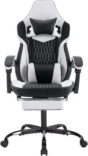 Cómoda silla de oficina con reposapiés y soporte lumbar, estilo carreras, ajustable, giratoria de 360°, silla de juegos con reposacabezas de