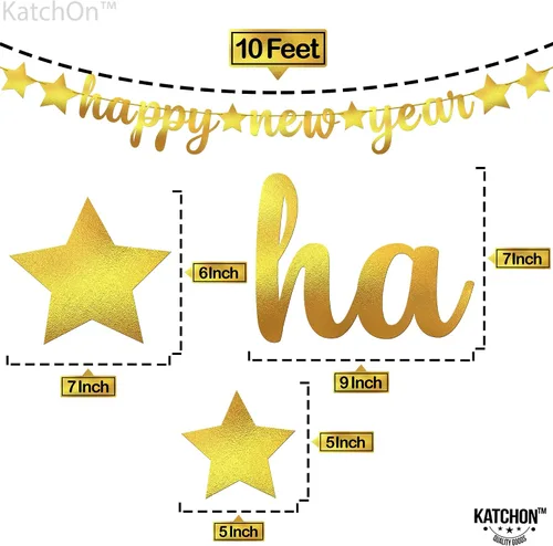 Miniatura 4 de KatchOn, Pancarta de Feliz Año Nuevo de Oro Brillante - 3.05 metros, Pre - Enhebrado Telón de Fondo de Feliz Año Nuevo para Decoraciones de Año