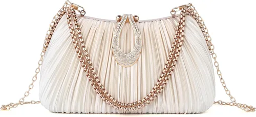 FALETO Bolso de mano para mujer, de satén, plisado, de noche, bolso de mano de boda, con cadena, para baile de graduación, cóctel, fiesta