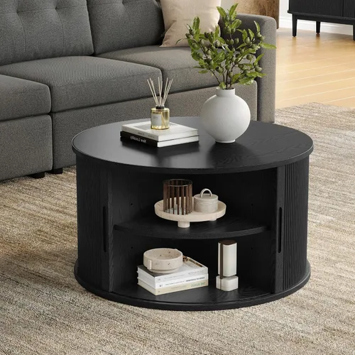 Miniatura 2 de LINSY HOME - Mesa de centro redonda, mesa de centro de 31.5" con puerta de tambor deslizante, mesa auxiliar acampanada con almacenamiento, mesa