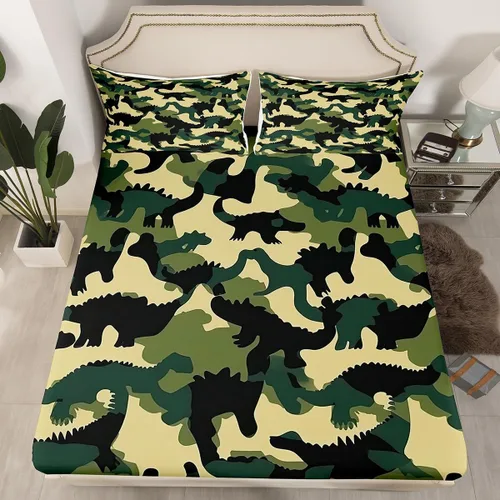 Miniatura 21 de Sábanas de camuflaje para niños, sábanas bajeras de camuflaje verde militar, juego de ropa de cama de camuflaje militar para niños, adolescentes