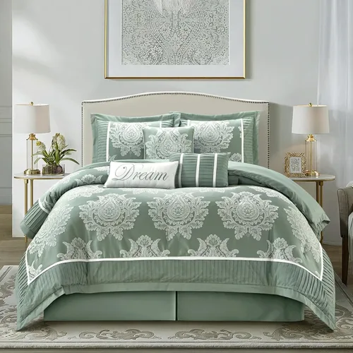 Miniatura 17 de Grand Avenue - Juego de edredón beige tamaño Queen, jacquard con juego de ropa de cama a juego de piezas sólidas, para todas las estaciones, faldón