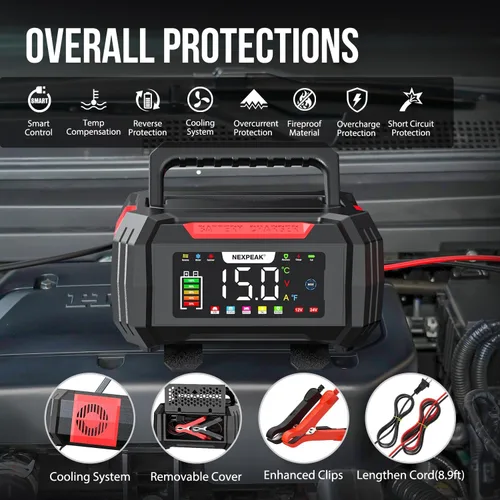 Miniatura 7 de NEXPEAK Cargador de batería de 15 A, cargador de goteo de 12 V/24 V, cargador de batería inteligente LiFePO4 de 9 etapas, mantenedor de batería