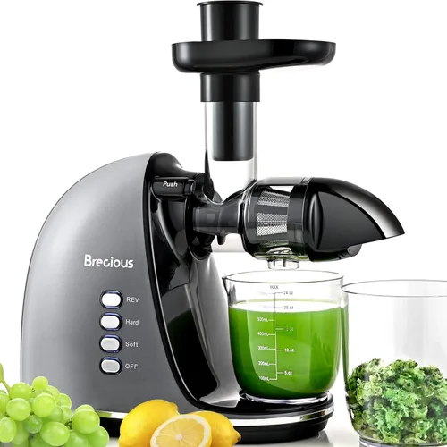 Exprimidor de masticación lenta, exprimidores de prensa fría Brecious con 2 modos de velocidad y motor silencioso, exprimidores de verduras y frutas