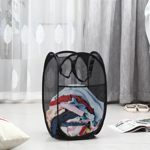 Miniatura 3 de Paquete de 2 cestas de malla desplegable para la ropa sucia (negro/azul marino) con asas duraderas portátiles, plegables para almacenamiento, cestas