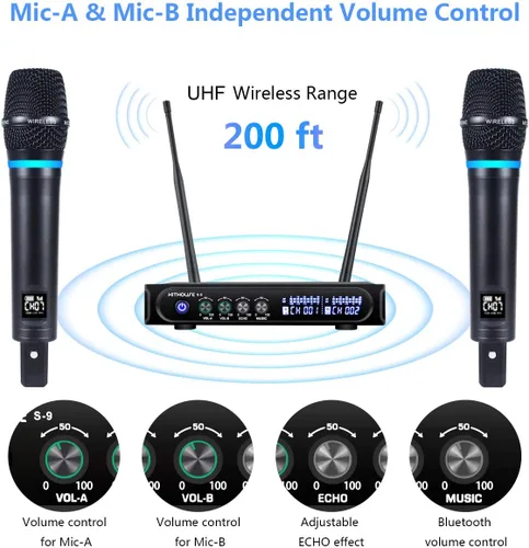 Miniatura 2 de S9 UHF Sistema de micrófono inalámbrico recargable para karaoke, micrófono inalámbrico dual con caja receptora Bluetooth + control de volumen ECHO