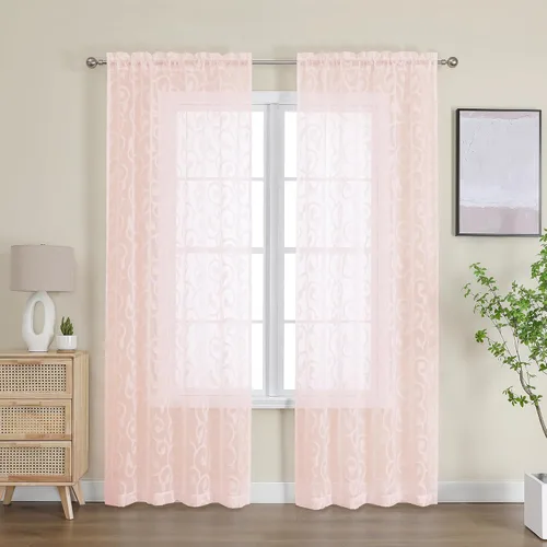 Miniatura 52 de OWENIE Furman - Juego de 2 paneles de cortinas traslúcidas negras de 24 pulgadas de largo, cortinas semitransparentes de jacquard ligeras y aireadas