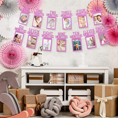 Miniatura 6 de Whaline Cartel de fotos de bebé de primer cumpleaños para recién nacidos a 12 meses, guirnalda de fotos de hitos mensuales, decoración de Rosa fuerte