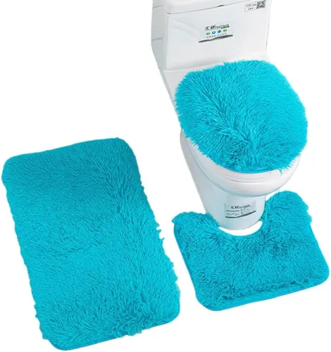 Miniatura 6 de Juego de alfombras de baño de 3 piezas, tapete de inodoro en forma de U + alfombras + alfombrilla de cubierta de tapa de inodoro, con respaldo