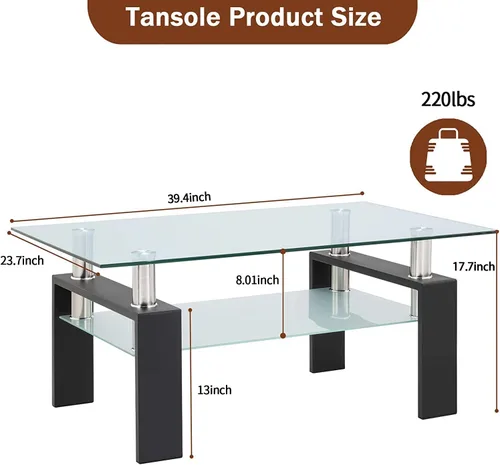 Miniatura 3 de Mesa de centro rectangular de vidrio de 39.4 pulgadas, mesa de centro negra con vidrio templado y patas de metal, mesa central moderna de 2 niveles