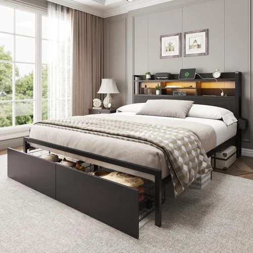 Miniatura 8 de Furnulem Base de cama Queen con cabecera de madera y estante de almacenamiento, marco de cama de plataforma de metal tamaño Queen con cajones