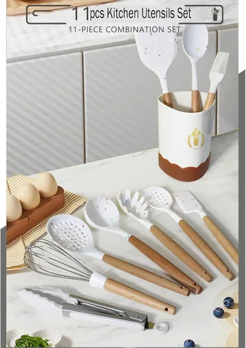 Miniatura 2 de Color Dots - Juego de utensilios de cocina de silicona, 11 piezas, mango de madera, resistente al calor, antiadherente, seguro para utensilios