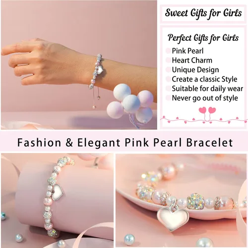 Miniatura 4 de Jeka Pulseras de diamantes de imitación para niñas de flores, pulseras con dije de corazón de perlas rosadas, pulseras de regreso a la escuela
