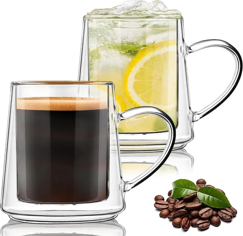 Joeyan Juego de 2 tazas de café de vidrio de doble pared de 10.8 onzas, tazas de café de vidrio transparente aisladas con asa, tazas térmicas de dos