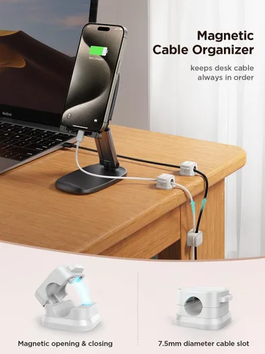 Miniatura 5 de Paquete de 6 organizadores de cables magnéticos, clips de gestión de cables de escritorio, cargador de teléfono, organizador de cables para mesita