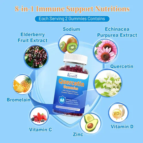Miniatura 2 de Quercetina con gomitas de bromelina, quercetina con vitamina C, zinc y saúco para el sistema inmunológico y alergias, gomitas masticables y veganas