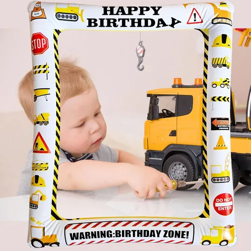 Miniatura 7 de 1 pieza de temática de construcción inflable para cabina de fotos selfie, camión volquete gigante, excavadora, grúa, zona excavadora, fiesta, marco