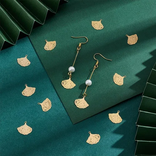 Miniatura 4 de UNICRAFTALE 30 dijes de hoja chapados en oro de 18 quilates, de acero inoxidable, dijes de ginkgo, colgantes de hojas de otoño, aretes colgantes
