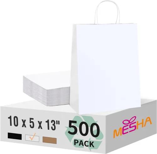 Miniatura 30 de MESHA Bolsas de regalo negras de 5.25 x 3.75 x 8 pulgadas, pequeñas bolsas de papel kraft con asas a granel, paquete de 100 para pequeñas empresas