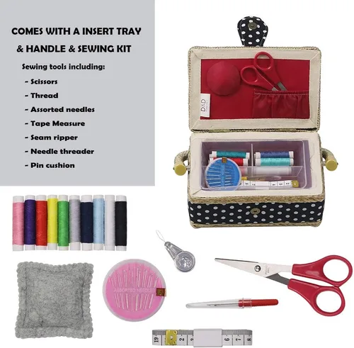 Miniatura 2 de Cesta de coser con kit de costura. Pequeña caja de costura organizadora con mini kits de costura para niños, principiantes y regalo, Negro
