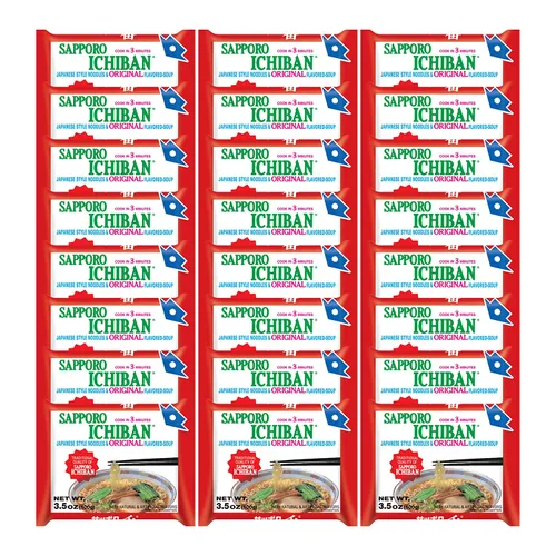 adhesivos Nuevos [SAPPORO ICHIBAN] Fideos Ramen, Sabor Salsa de Soja Original, Fideos Instantáneos Japoneses de Probada Calidad N.º 1 (3.5 Oz) (24