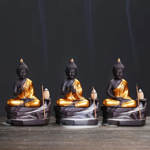 Miniatura 2 de Golden Buddha - Quemador de incienso zen, soporte para incienso árabe, cascada de humo, estufa oriental de aromaterapia decorativa (A)