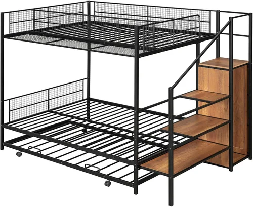 Miniatura 6 de Litera de metal individual sobre cama matrimonial con nido y escalera de almacenamiento lateral y armario, color negro