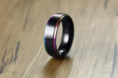 Miniatura 5 de MPRAINBOW Anillo de boda personalizado de acero inoxidable de 0.236in, anillo de arco iris grabado personalizado, anillo de compromiso de boda