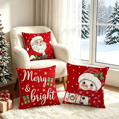 Miniatura 7 de Juego de 4 fundas de almohada rojas de 18 x 18 pulgadas, diseño de Papá Noel, muñeco de nieve, Feliz Navidad, para sofá, decoración de vacaciones