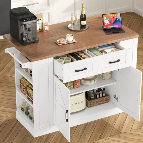Miniatura 9 de Keyluv Isla de almacenamiento de cocina con 2 taburetes, carrito de cocina móvil de 51.2 pulgadas con hoja de caída y toma de corriente, mesa