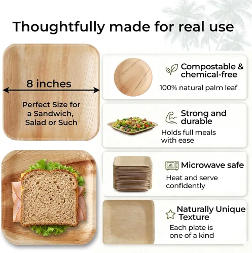 Miniatura 2 de Indie Palm Platos desechables de hoja de palma, paquete de 50 unidades, cuadrados de 8 pulgadas, resistentes, 100% compostables y biodegradables
