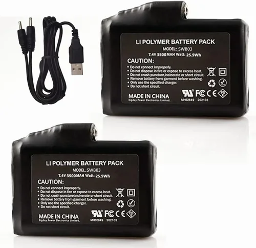 Batería Recargable de Polímero de Litio de 3500mAh 7.4V Paquete de Reemplazo para Guantes Térmicos Forros Manoplas Calcetines Chaleco Chaqueta