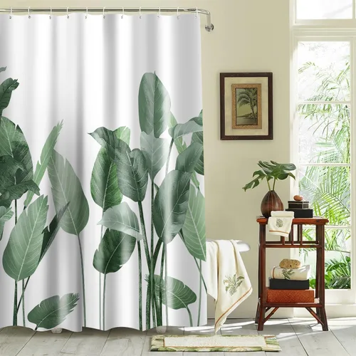 Miniatura 2 de Cortina de ducha de tela impermeable con diseño de plantas verdes, decoración de baño, hojas de plátano, palmera, con ganchos, 72 x 72 pulgadas