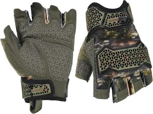 Miniatura 9 de HANDLANDY Guantes tácticos de impacto sin dedos para hombre, guantes de trabajo con agarre acolchado de medio dedo, guantes de conductor de Verde