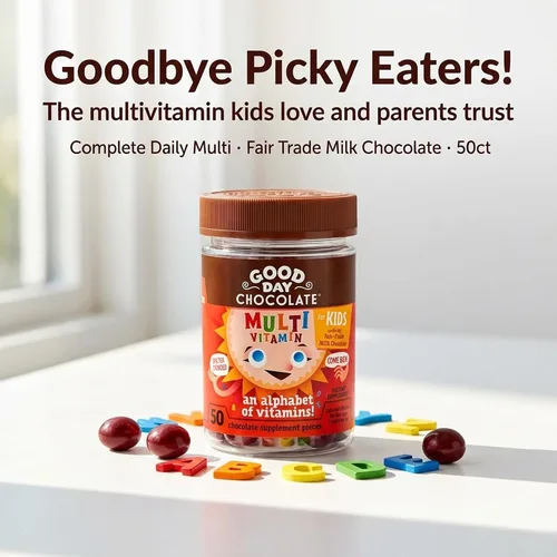 Miniatura 4 de Good Day Chocolate Multivitamínico completo para niños, suplemento diario de vitaminas A, B6, B12, C, D, E, folato y biotina, chocolate de comercio