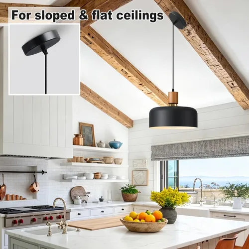 Miniatura 5 de Lámpara colgante moderna negra sobre isla de cocina, iluminación colgante industrial, lámpara colgante de techo de madera ajustable para comedor
