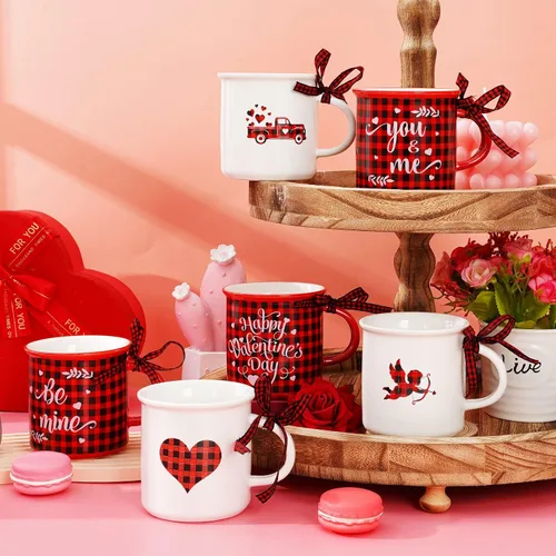 Miniatura 4 de Whaline 6 tazas de café de Navidad con cinta, color rojo y negro, a cuadros, camión, reno, árbol de Navidad, bandeja escalonada, decoración