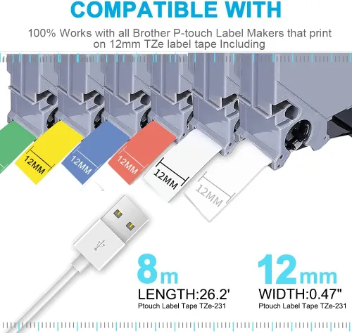 Miniatura 5 de Cinta de etiquetas de repuesto compatible para Brother TZe-231 TZe-131 TZe-431 TZe-531 TZe-631 TZe-731 0.472 in 0.47 Laminada