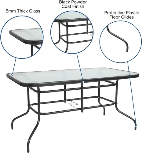 Miniatura 3 de Flash Furniture Lila - Juego de comedor de 5 piezas para patio, mesa de patio de vidrio templado de 55 pulgadas con agujero para paraguas, 4 sillas