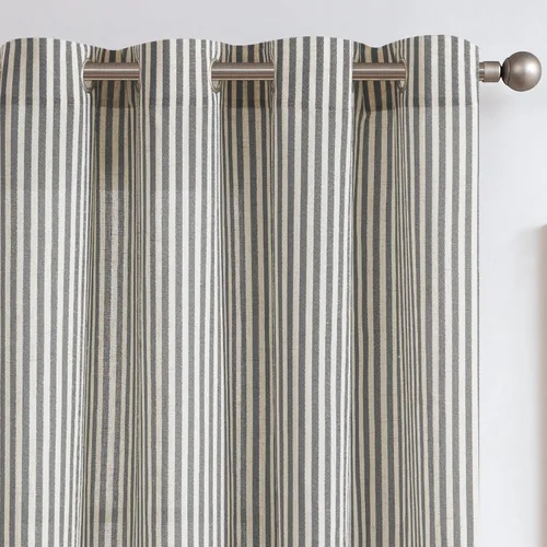 Miniatura 12 de JINCHAN Cortinas de lino para sala de estar o dormitorio, con estampado a rayas verde salvia sobre beige, rayas delgadas que filtran la luz