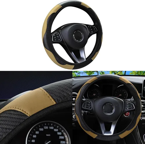 Miniatura 19 de Funda para volante de automóvil, microfibra de fibra de carbono de 15 pulgadas, antideslizante, transpirable, protector elástico para volante
