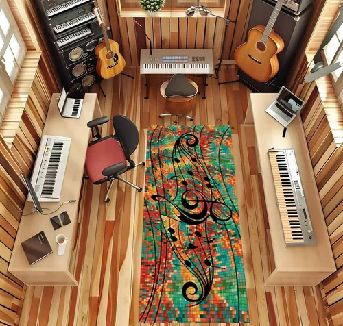Miniatura 2 de Alfombra de pasillo de notas musicales, 2 x 7 pies, música retro, líneas melodías abstractas, a cuadros, alfombra musical de los años 80 y 90