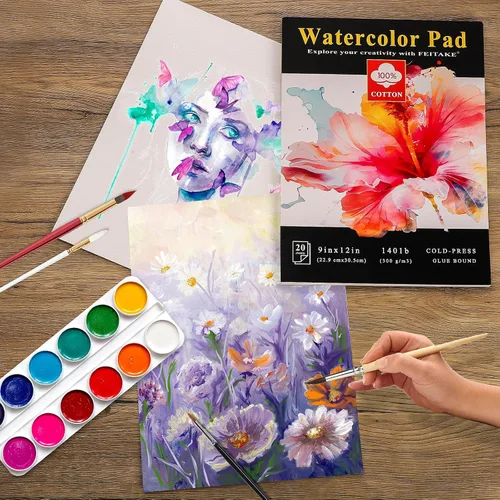 Miniatura 7 de FEITAKE Bloc de acuarela de 9 x 12 pulgadas, cuaderno de bocetos de papel de acuarela 100% algodón/prensado en frío, 140 libras (10.58 oz/m²), libre